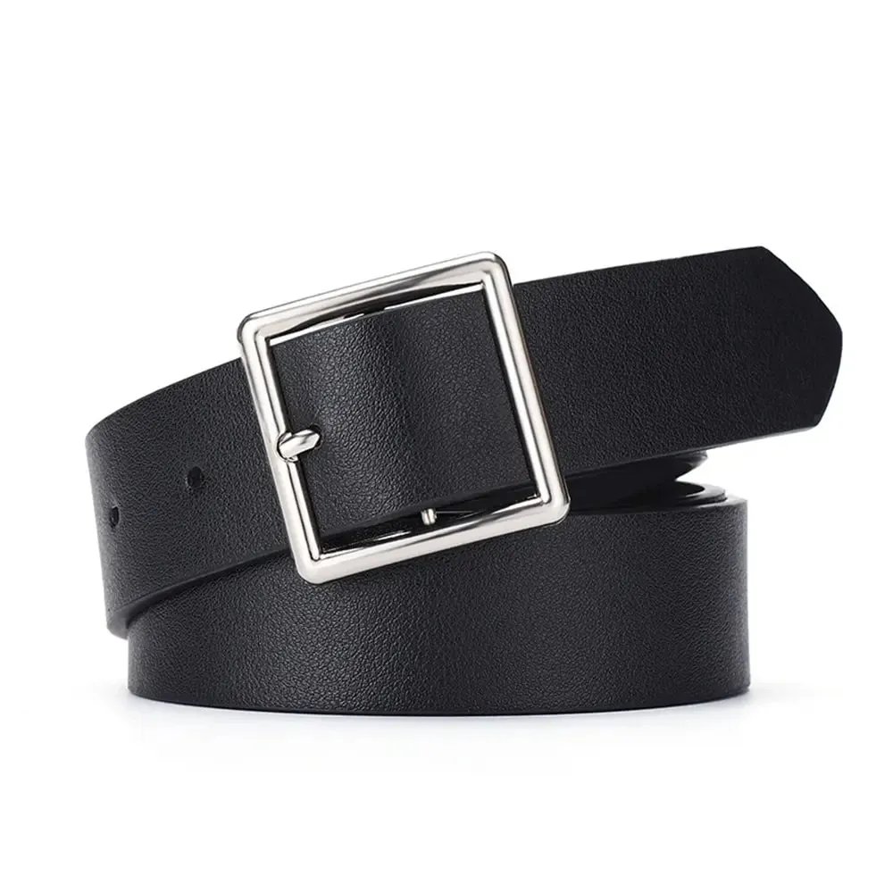 2023 Women'S Belt Soft Pu Leather Belt Square Buckle Pin Buckle Jeans Black Belt Chic Luxury Brand Fancy Vintage Strap Female