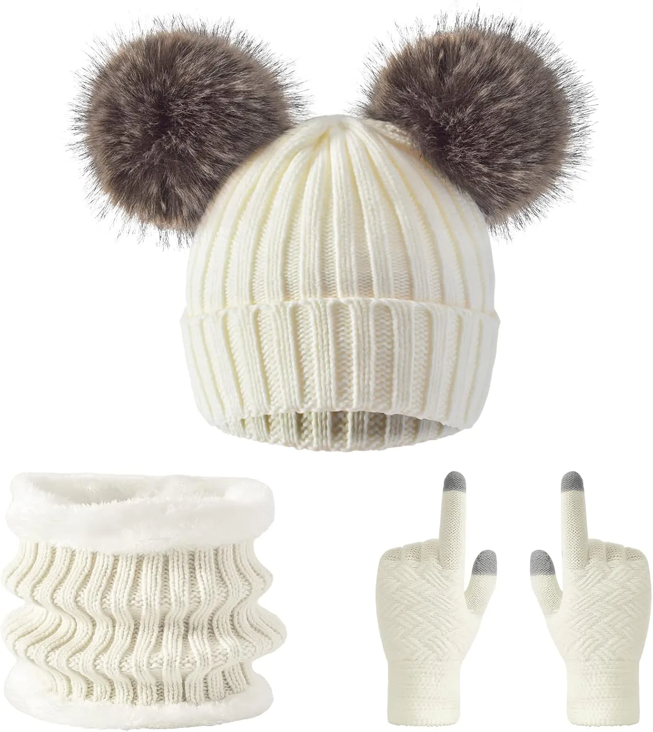 3 Pcs Women Winter Knit Beanie Hat Scarf Touchscreen Gloves Set Warm Soft Thick Fleece Lined Skull Cap with Double Pom Pom