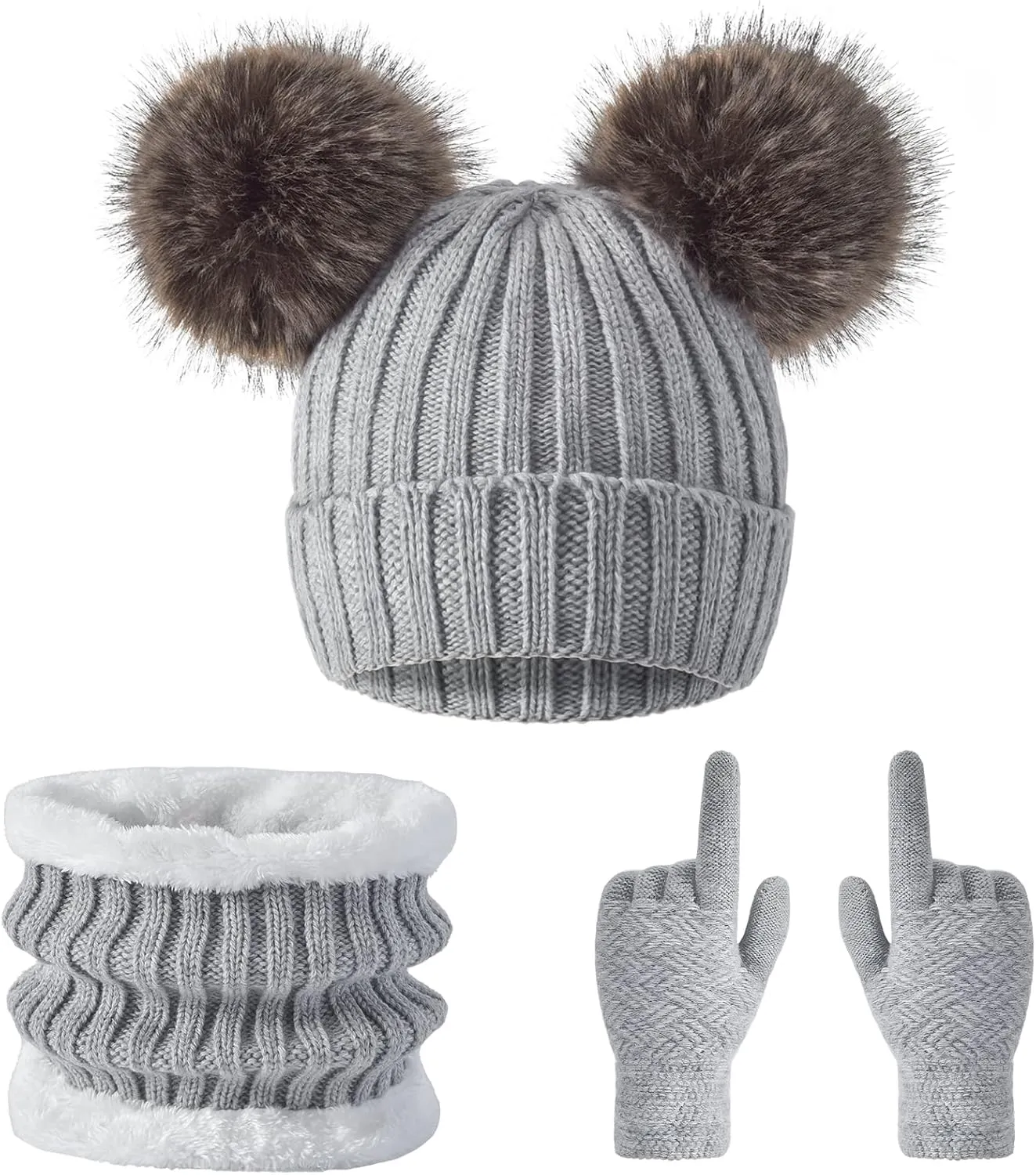 3 Pcs Women Winter Knit Beanie Hat Scarf Touchscreen Gloves Set Warm Soft Thick Fleece Lined Skull Cap with Double Pom Pom