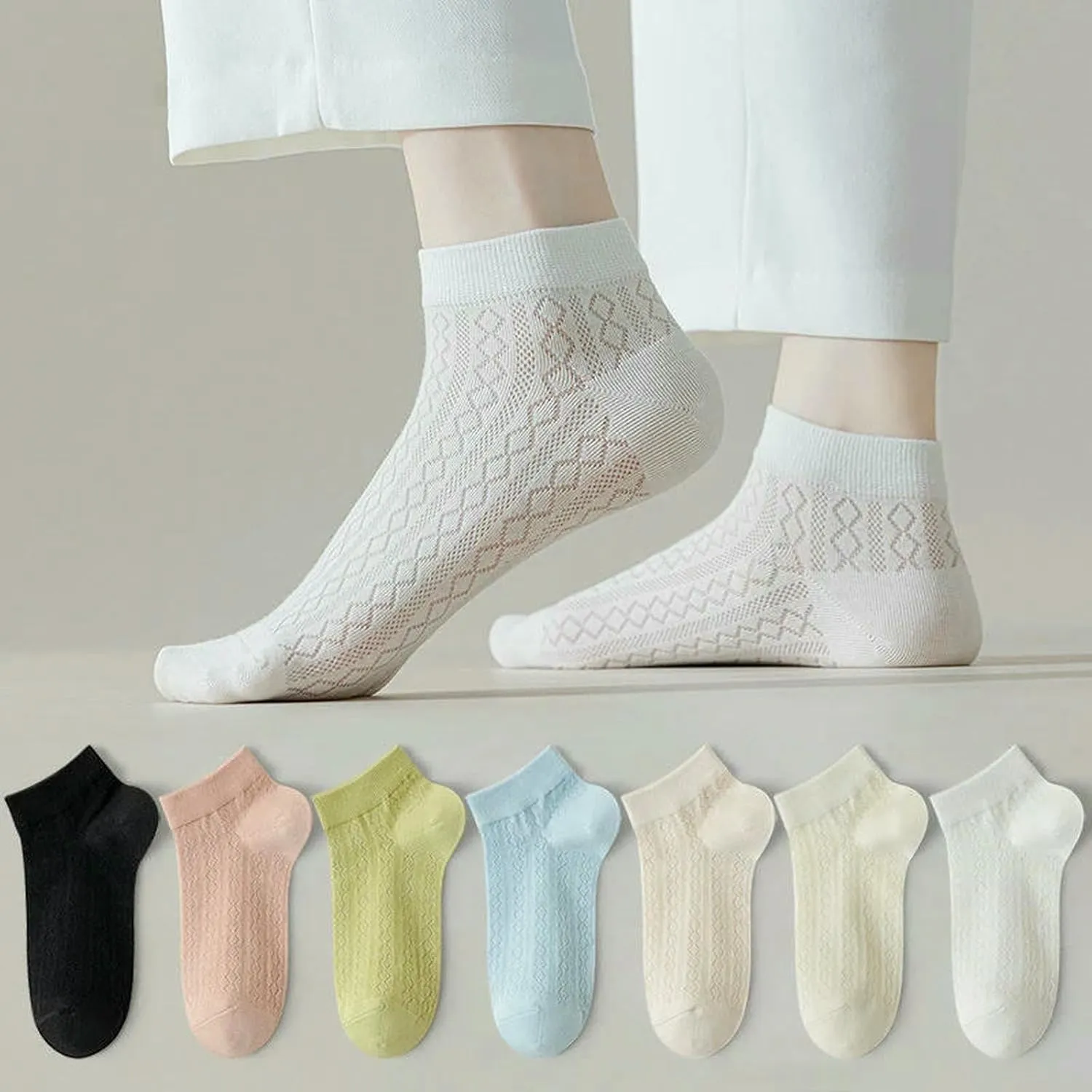 7 Pairs Women Summer Short Ankle Socks Thin Mesh Breathable Soft Comfort Fashion Casual Socks