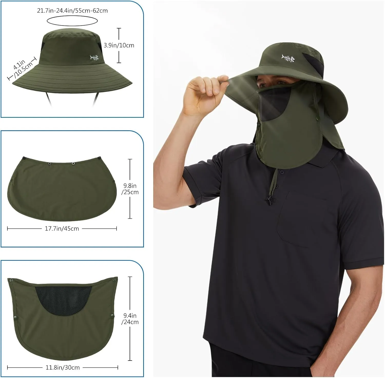 BASSDASH UPF 50  Breathable Sun Hat with Removable Face Cover and Neck Flap Wide Brim Bucket Hat for Fishing Hiking Men Women