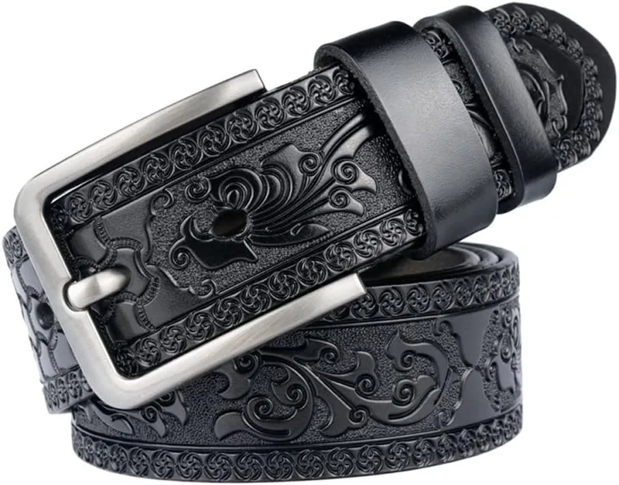 Belts for Men Vintage Genuine Leather Fashion Classic Casual Carved Flowers Jeans Men Belts Pin Buckle Strap