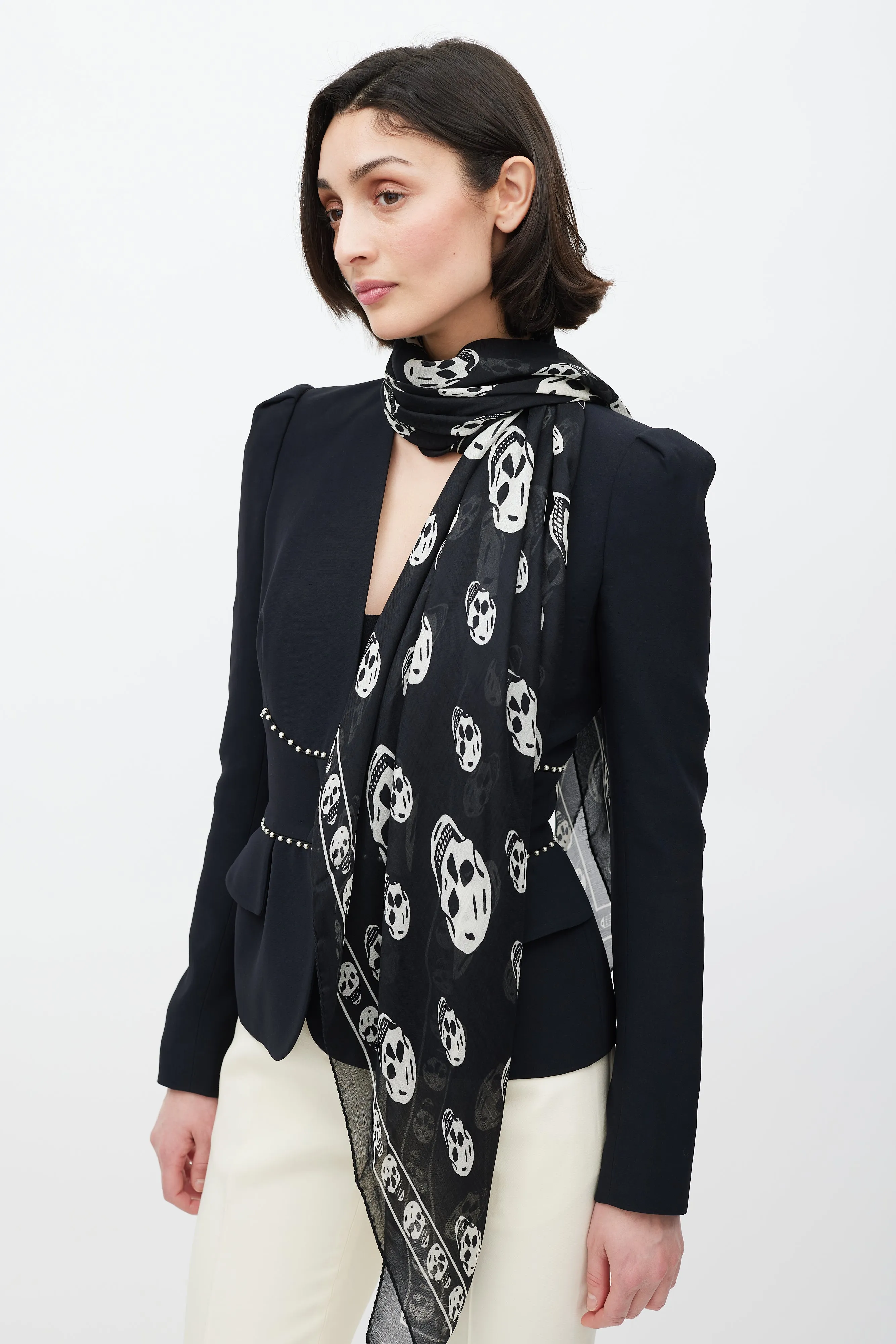 Black & White Silk Skull Print Scarf