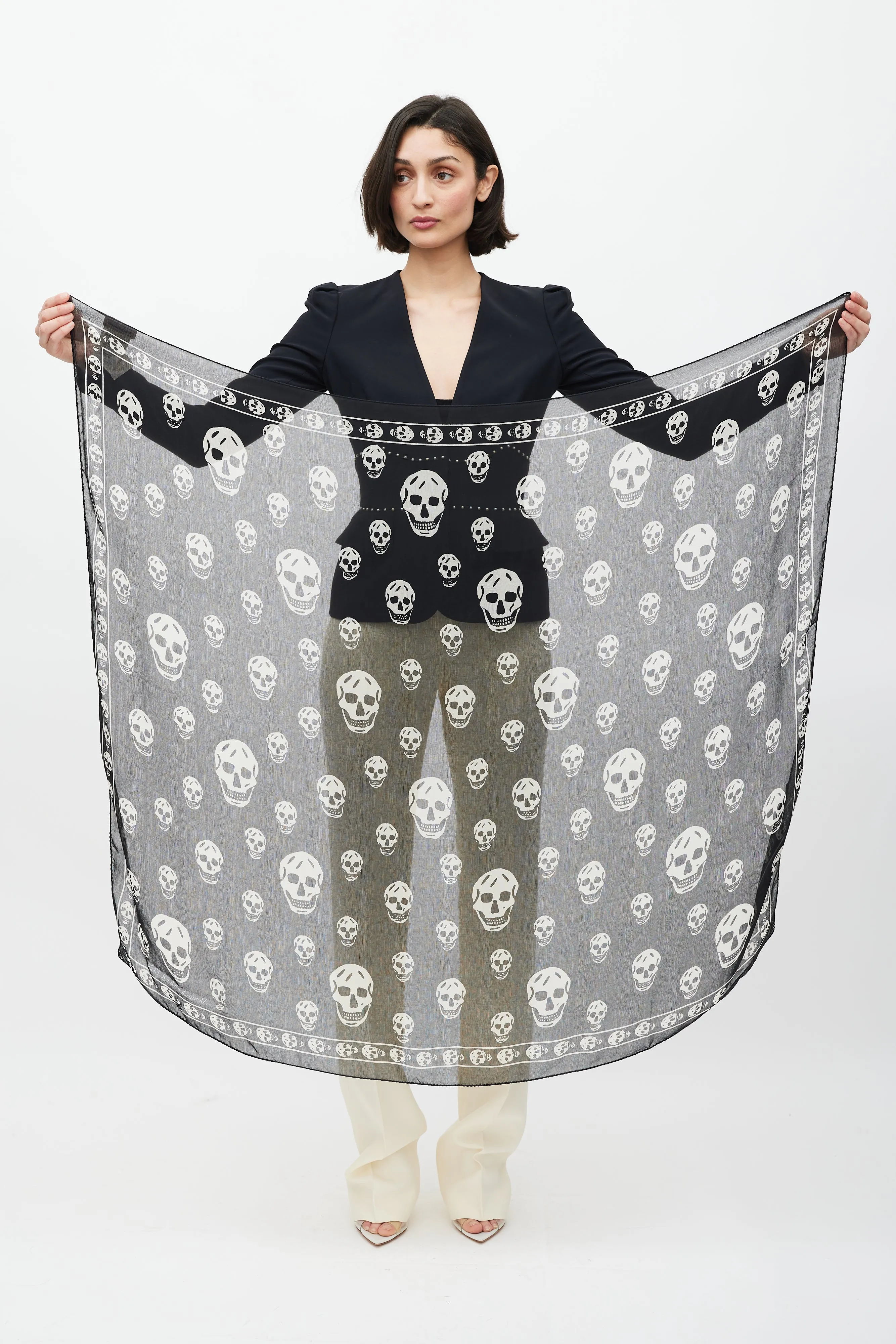Black & White Silk Skull Print Scarf