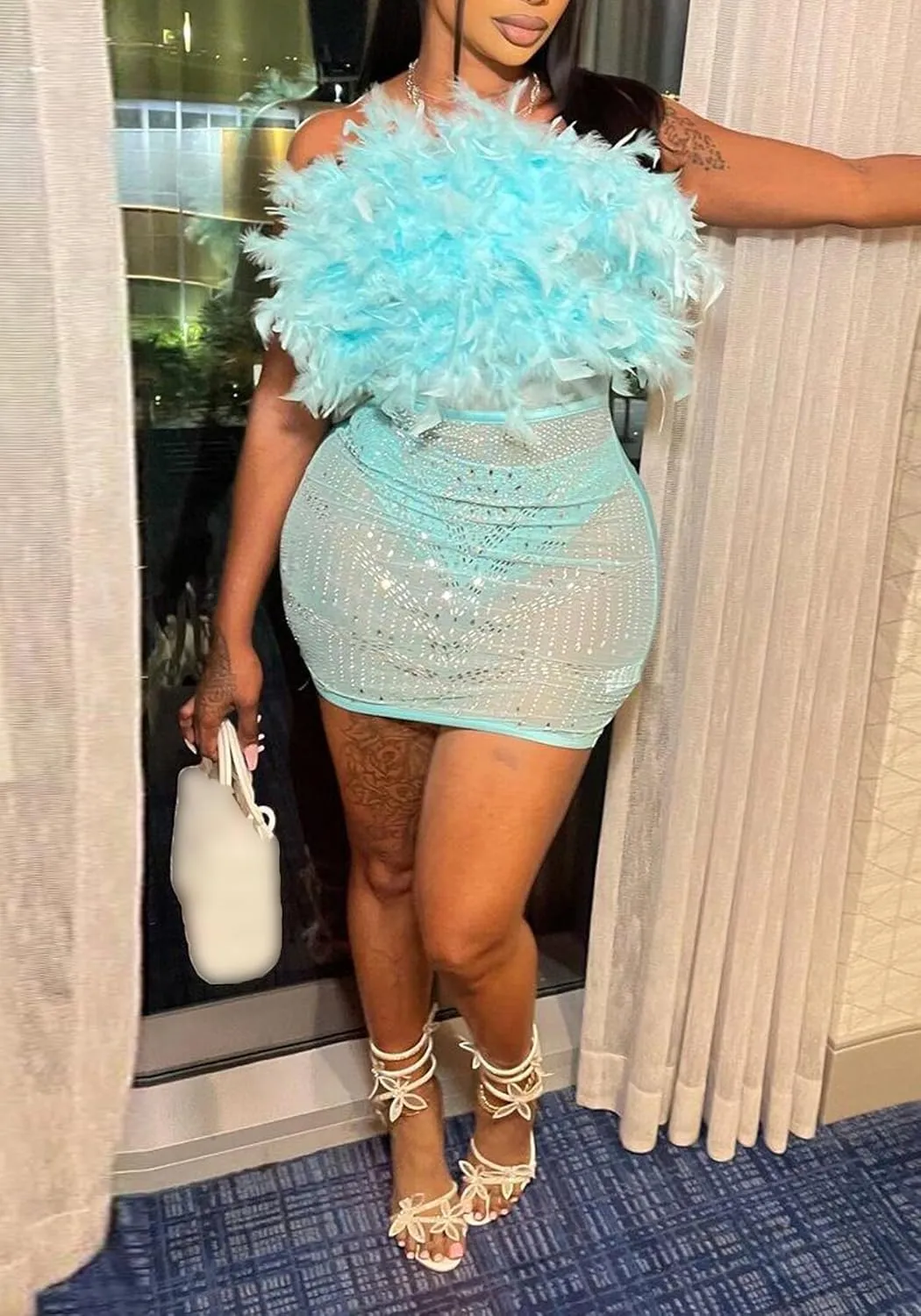 Ecirod Women Sexy Off The Shoulder Feather Bodycon Mini Dress Rhinestone Mesh Party Club Tube Dresses