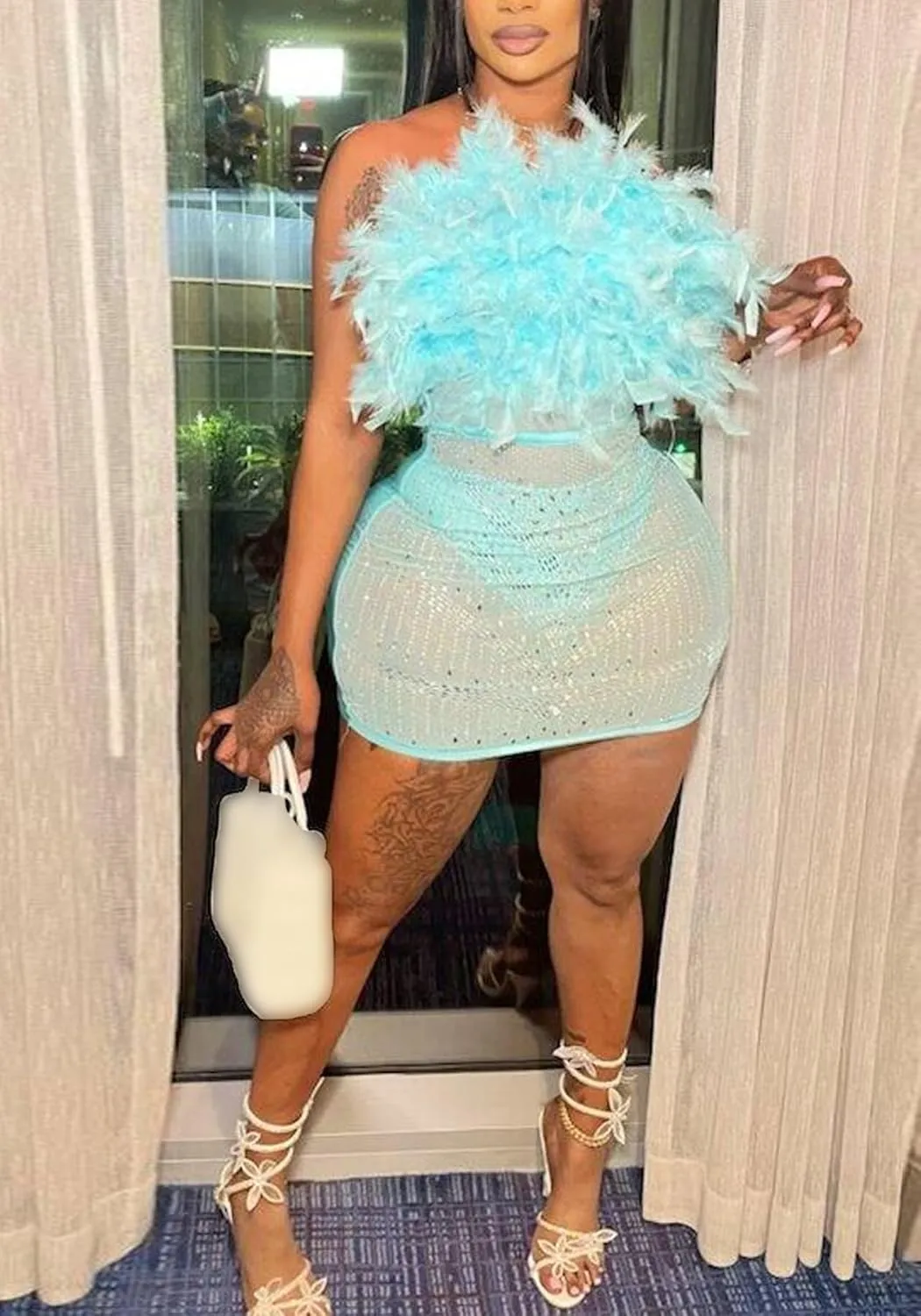 Ecirod Women Sexy Off The Shoulder Feather Bodycon Mini Dress Rhinestone Mesh Party Club Tube Dresses
