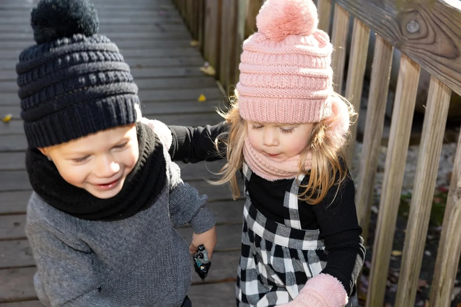 Funky Junque Kids Matching Neck Warmer Scarf Soft Fuzzy Cuff Gloves Mittens Ribbed Knit Pom Pom Beanie Bundle Boy Girl