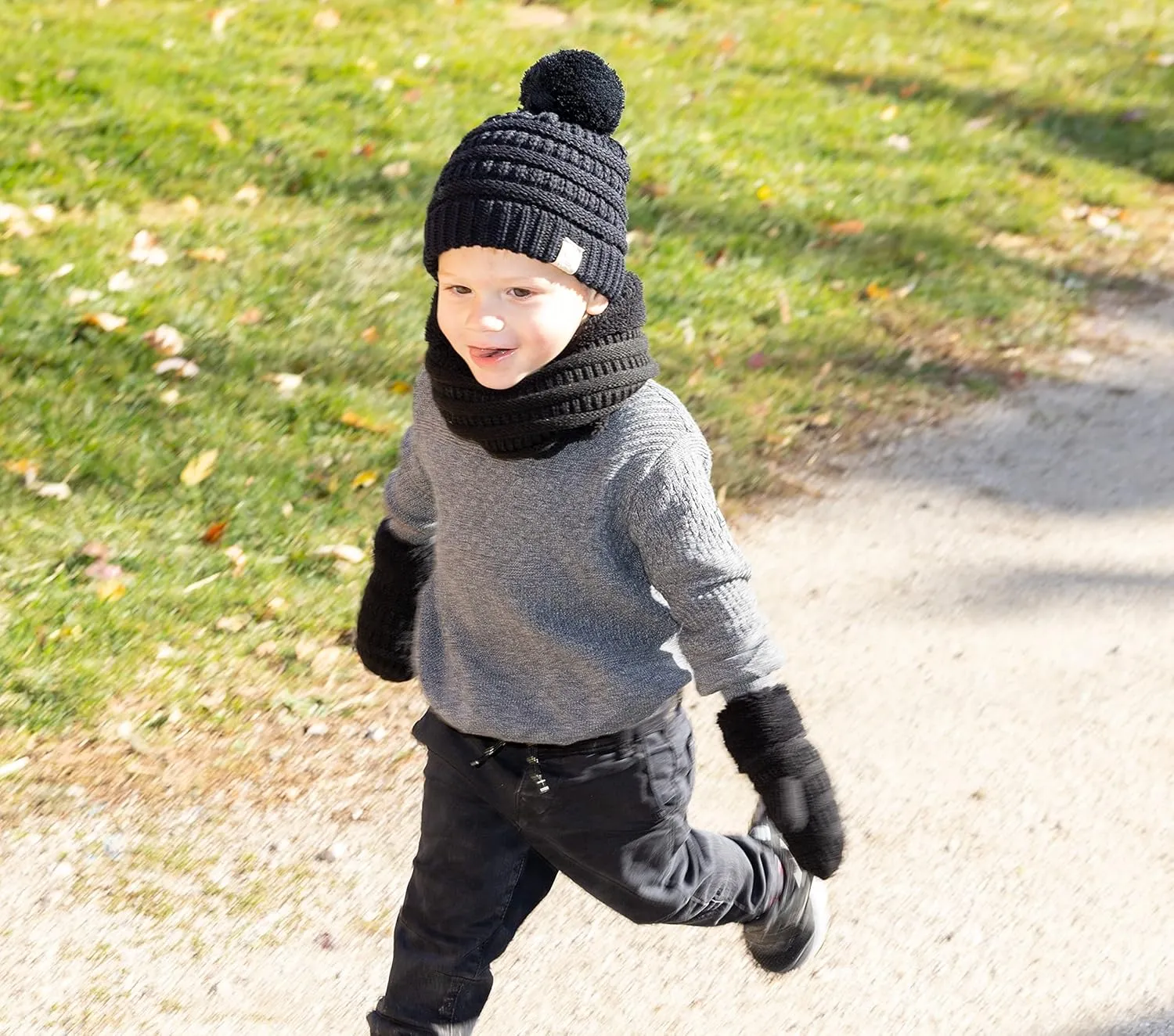 Funky Junque Kids Matching Neck Warmer Scarf Soft Fuzzy Cuff Gloves Mittens Ribbed Knit Pom Pom Beanie Bundle Boy Girl