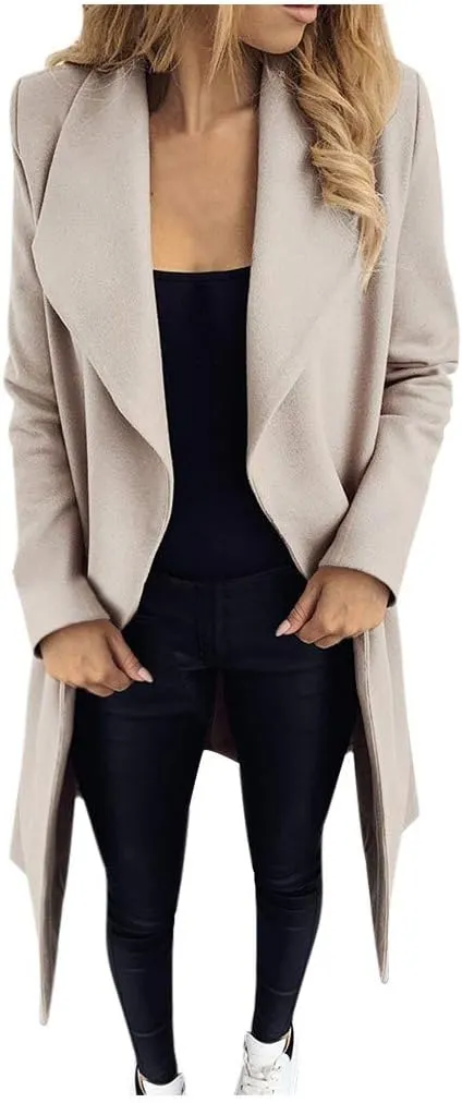 iQKA Women's Long Cardigan Long Sleeve Open Front Suit Jacket Drape Collar Solid Color Trench Coats Winter Windbreaker Parka