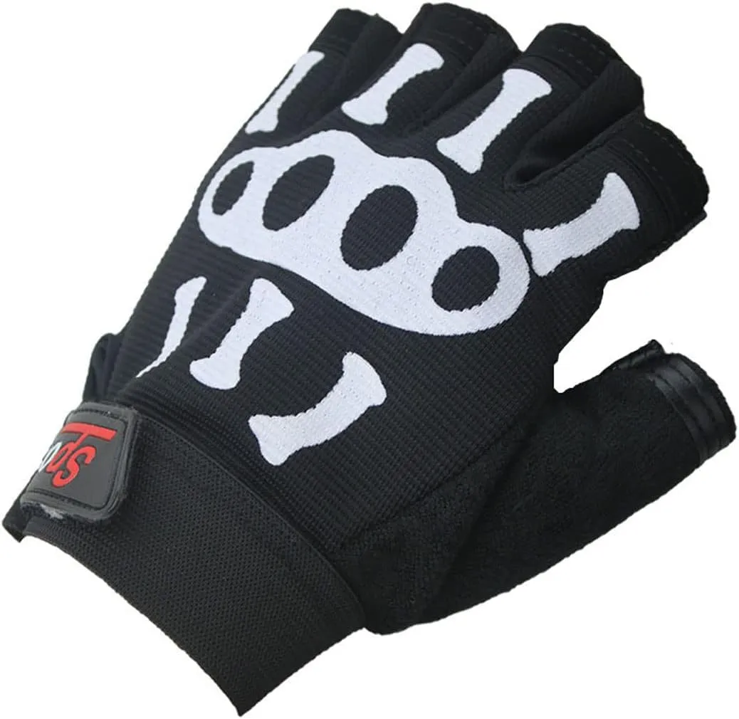 Men Boys Skeleton Cycling Glove Sport Half Finger UV Protection Glove Non-Slip Riding Bicycle Glove Fingerless Bicycle Short Glove Breathable Road Bike Cycle Glove MTB Bicycle Biking Road Glove