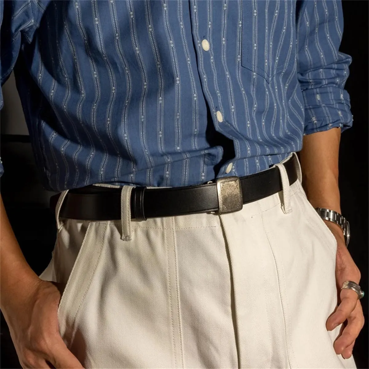 Men Red Genuine Leather Slide Belt With Vintage Brass Buckle For Casual Dress Pants