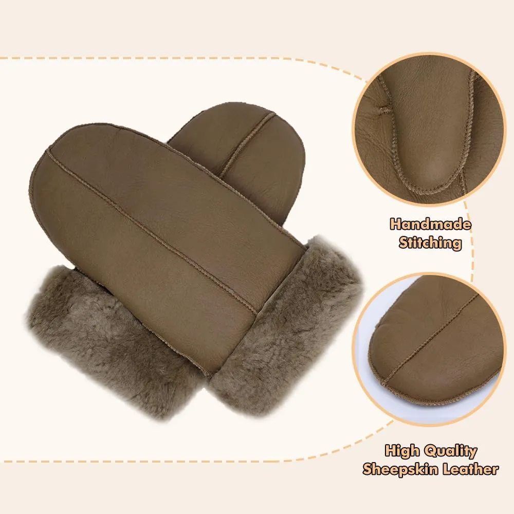 MGGMOKAY Women Winter Shearling Sheepskin Mittens - Warm Fur Lined Leather Gloves