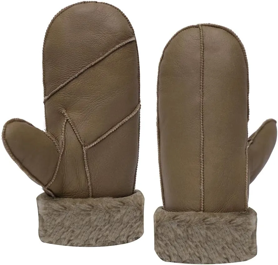 MGGMOKAY Women Winter Shearling Sheepskin Mittens - Warm Fur Lined Leather Gloves