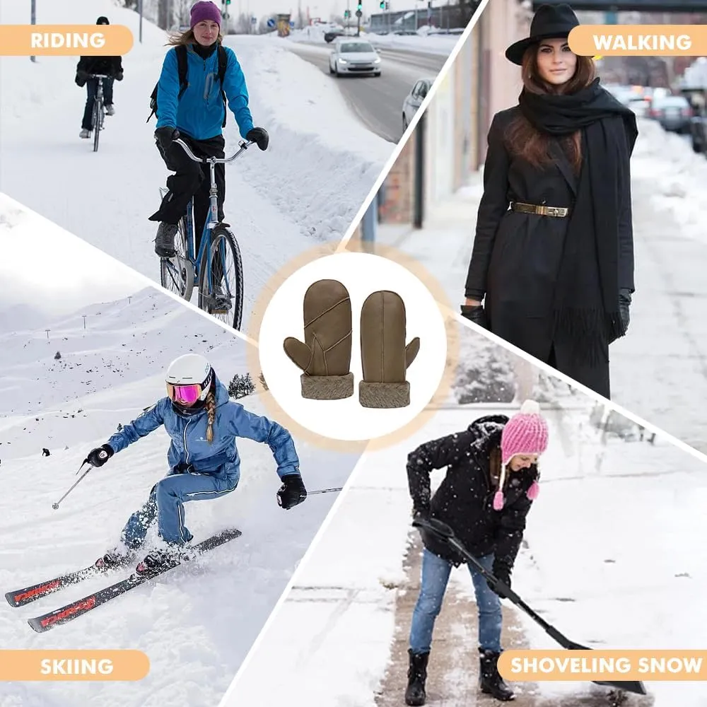 MGGMOKAY Women Winter Shearling Sheepskin Mittens - Warm Fur Lined Leather Gloves