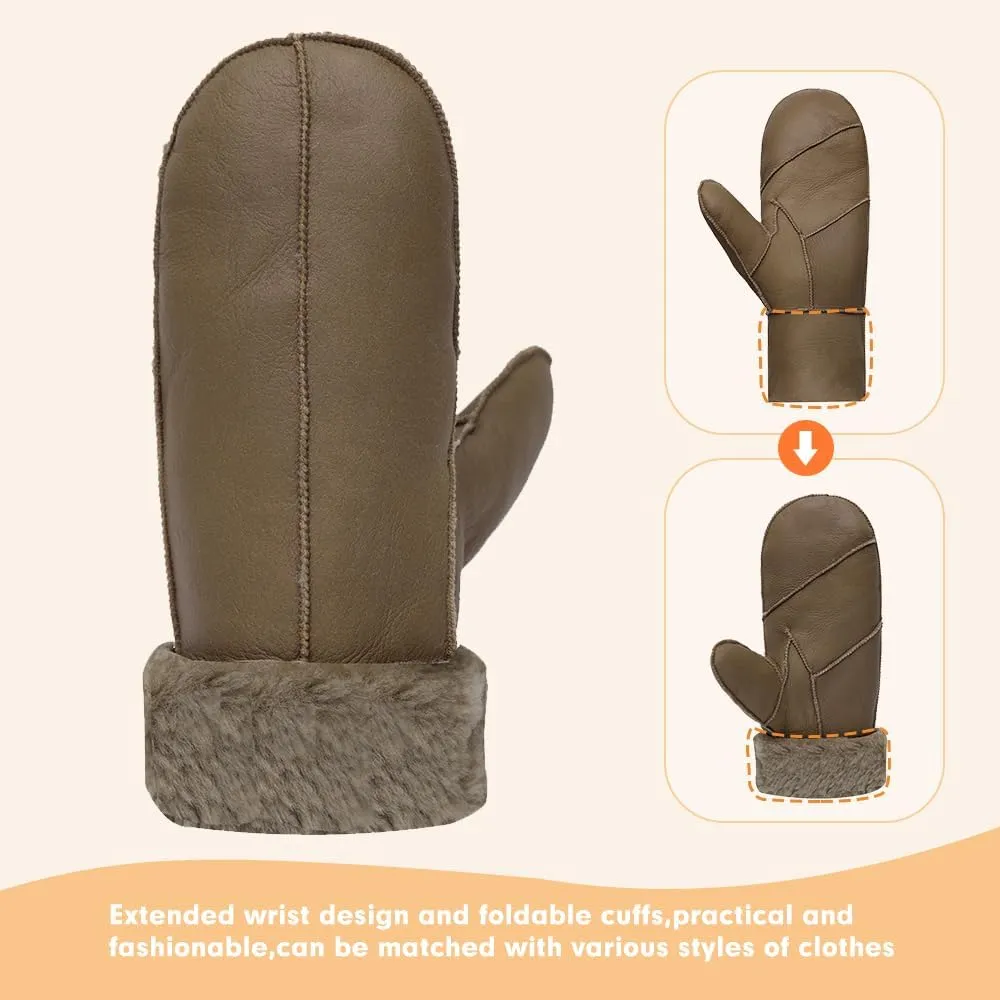 MGGMOKAY Women Winter Shearling Sheepskin Mittens - Warm Fur Lined Leather Gloves