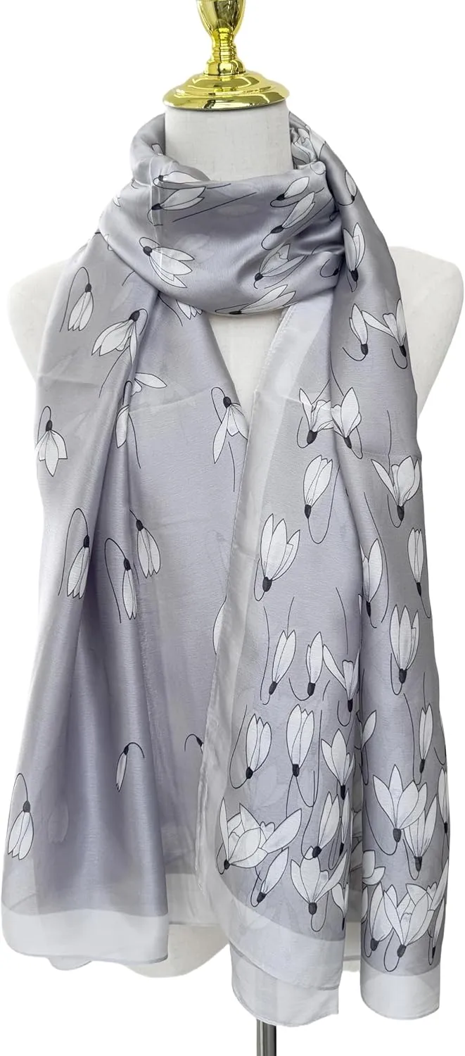 MINIDORA Silk Feeling Lightweight Scarves for Women Long Elegant Floral Pattern Head Wrap Shawls
