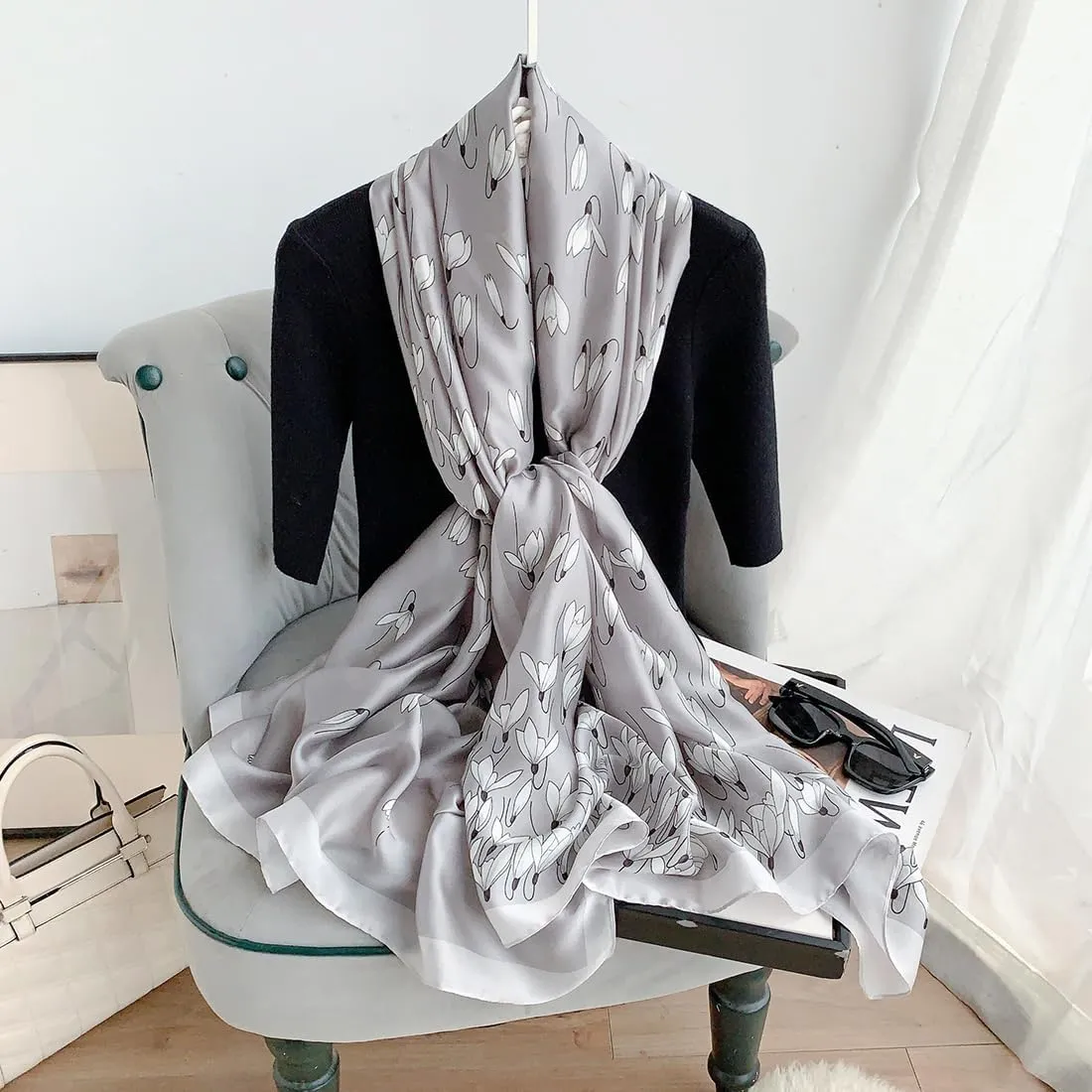 MINIDORA Silk Feeling Lightweight Scarves for Women Long Elegant Floral Pattern Head Wrap Shawls