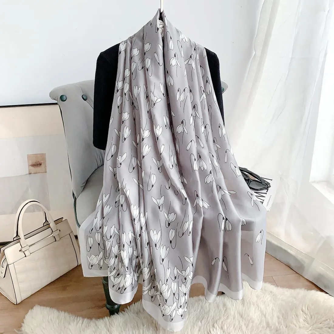 MINIDORA Silk Feeling Lightweight Scarves for Women Long Elegant Floral Pattern Head Wrap Shawls