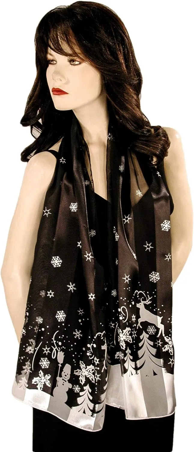 Reindeer Snowman Border Print Christmas Holiday Scarves with Gift Box Option
