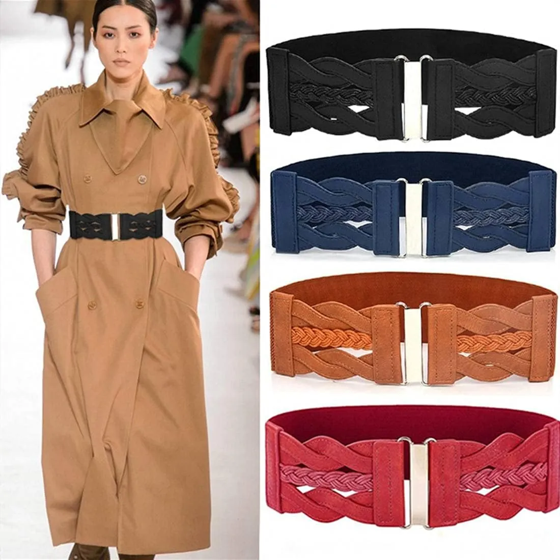 Retro Women's Woven Wide Waist Belt Elastic Stretch Cinch Belts