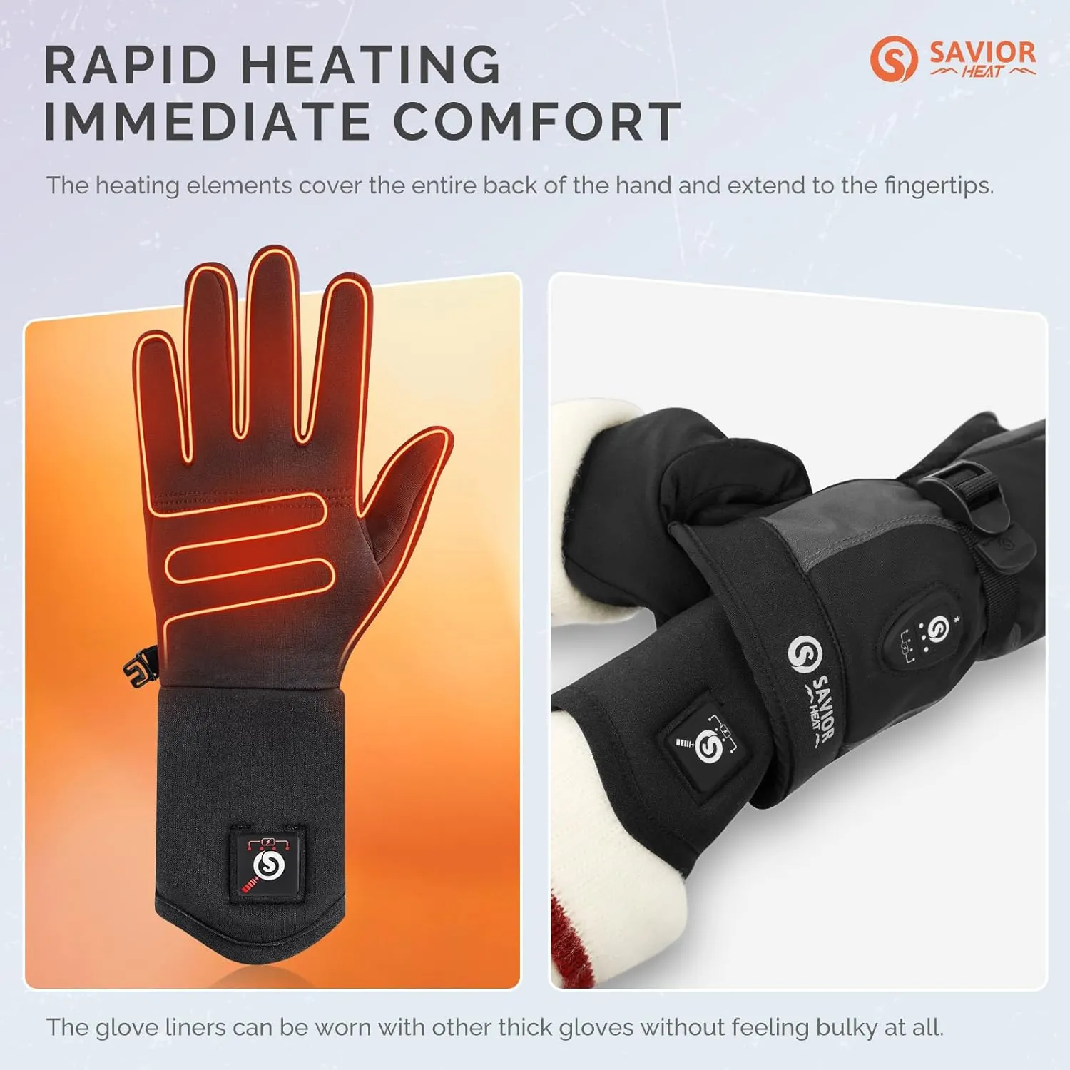 SAVIOR HEAT Heated Glove Liners, Ultra-Thin Rechargeable Electric Gloves, Full Hand & Fingertip Heating