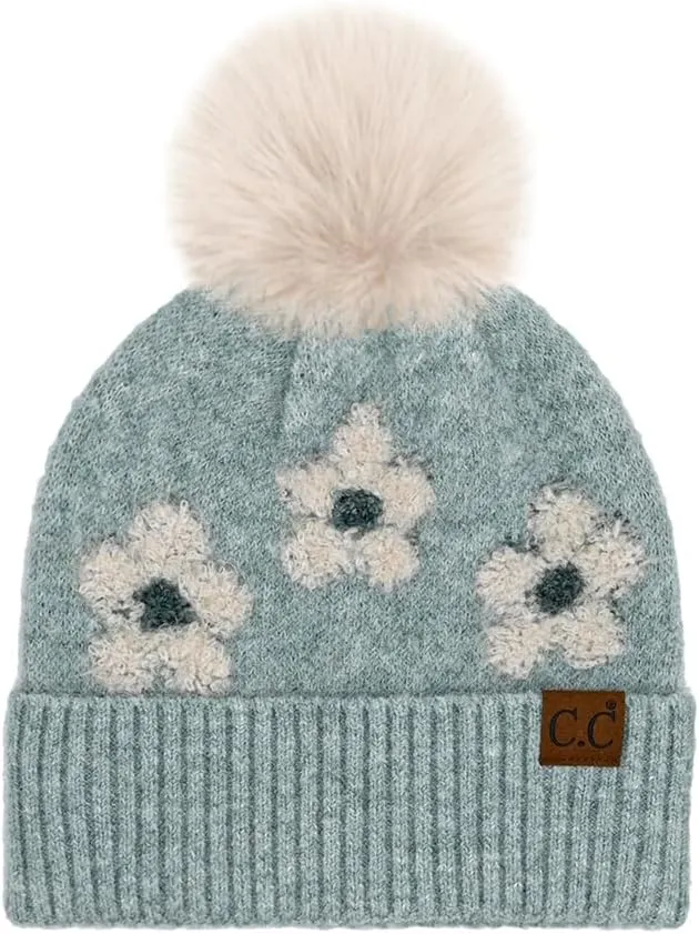 ScarvesMe Women Winter Soft Knit Daisy Floral Pattern Cuff Beanie Hat with Fur Pom