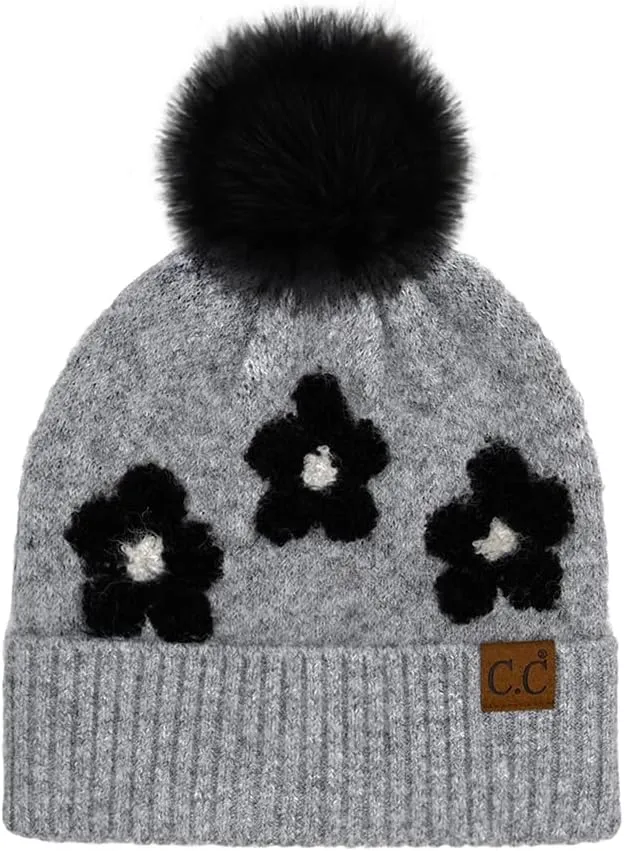 ScarvesMe Women Winter Soft Knit Daisy Floral Pattern Cuff Beanie Hat with Fur Pom