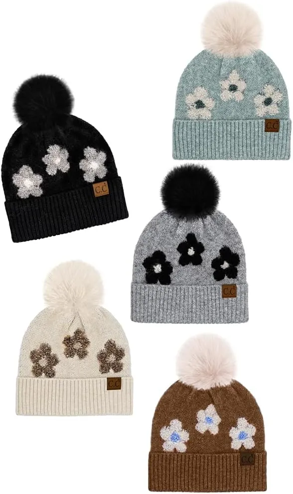 ScarvesMe Women Winter Soft Knit Daisy Floral Pattern Cuff Beanie Hat with Fur Pom