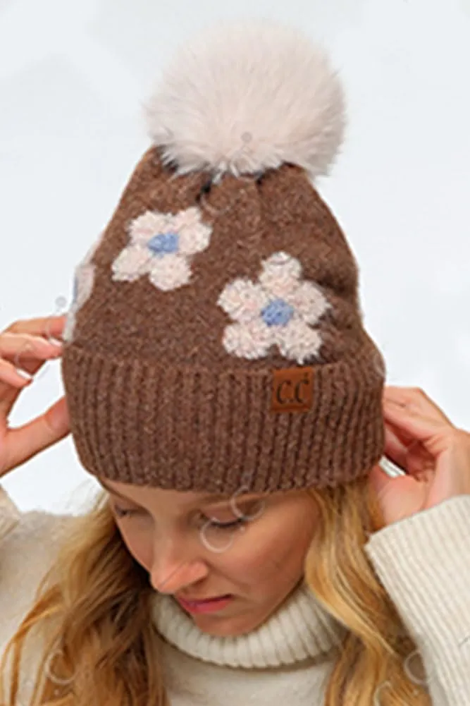 ScarvesMe Women Winter Soft Knit Daisy Floral Pattern Cuff Beanie Hat with Fur Pom
