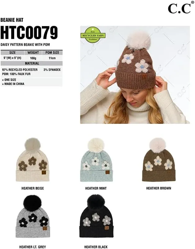 ScarvesMe Women Winter Soft Knit Daisy Floral Pattern Cuff Beanie Hat with Fur Pom