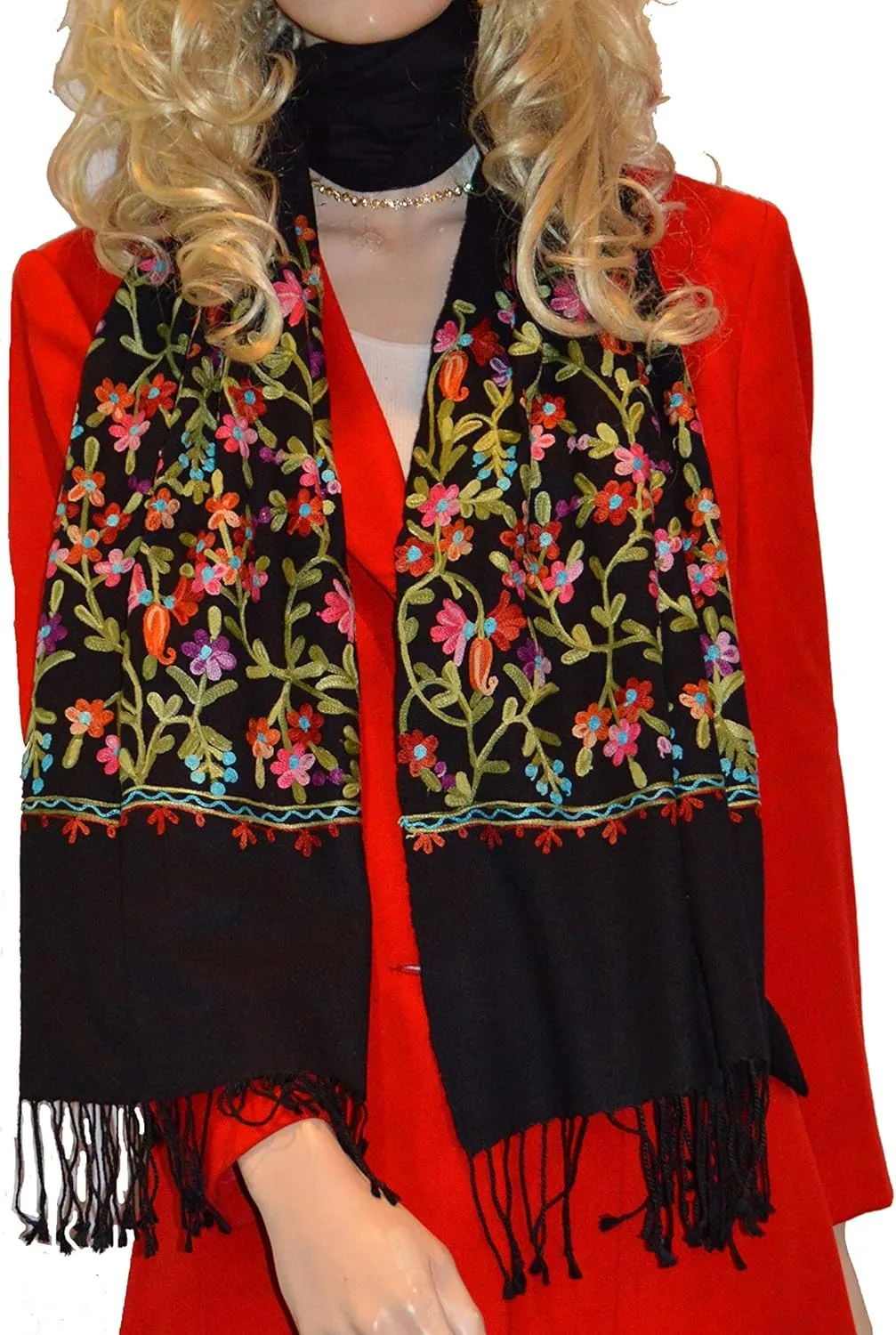 Shawl-Shawl-Fancy Shawl-Embroidery Shawl-Scarf-Scarves with Crewel Embroidery Black