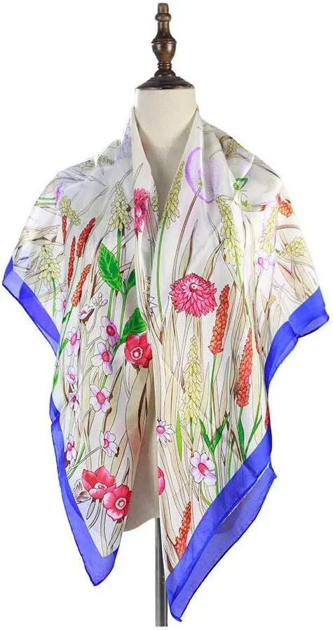 Square Large Neck Scarf Women's Satin Printed Silk Scarf Large Square Scarf Floral Pattern Shawl Soft Lightweight