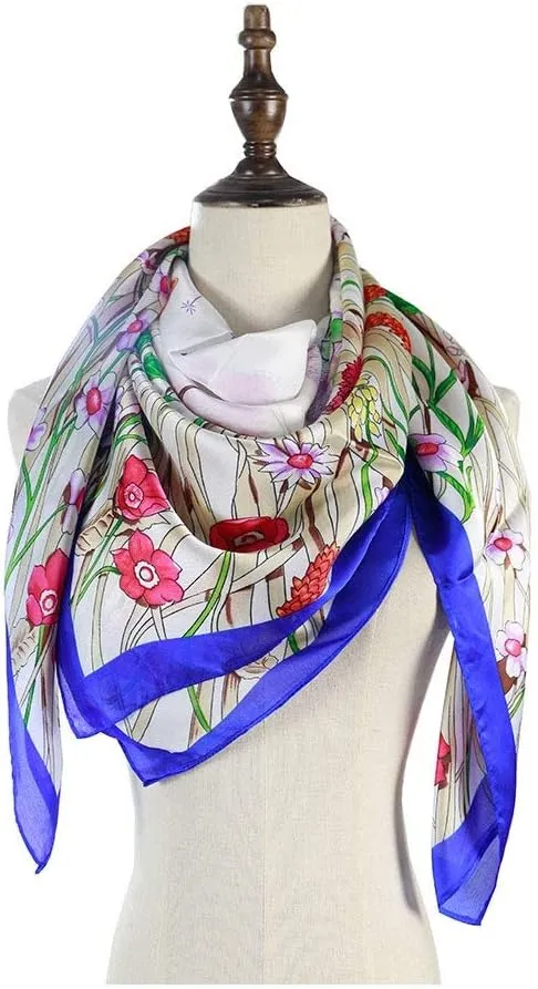 Square Large Neck Scarf Women's Satin Printed Silk Scarf Large Square Scarf Floral Pattern Shawl Soft Lightweight