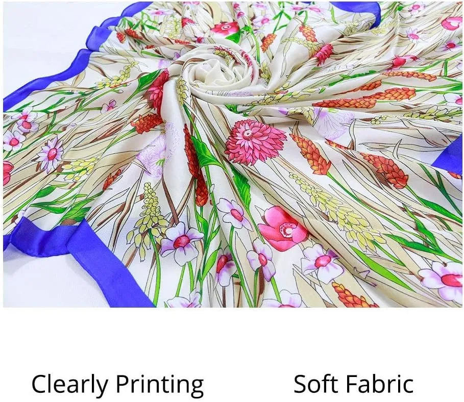 Square Large Neck Scarf Women's Satin Printed Silk Scarf Large Square Scarf Floral Pattern Shawl Soft Lightweight