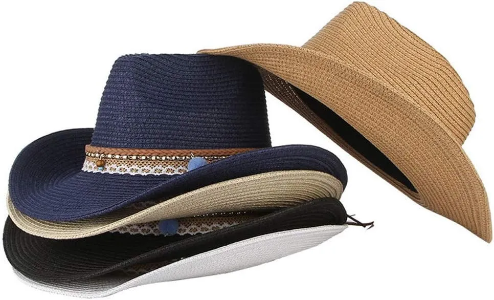 Straw Sun Hat Retro Western Cowboy Caps Wide Riding Hats Men Women Leather Brim Hat Garden Outdoor Caps