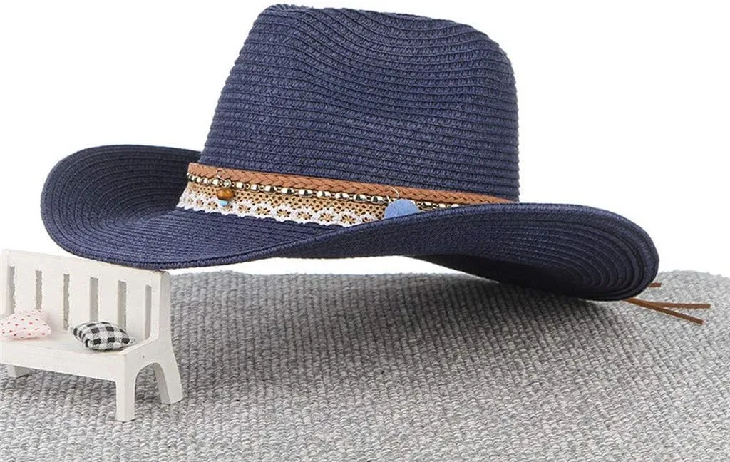 Straw Sun Hat Retro Western Cowboy Caps Wide Riding Hats Men Women Leather Brim Hat Garden Outdoor Caps