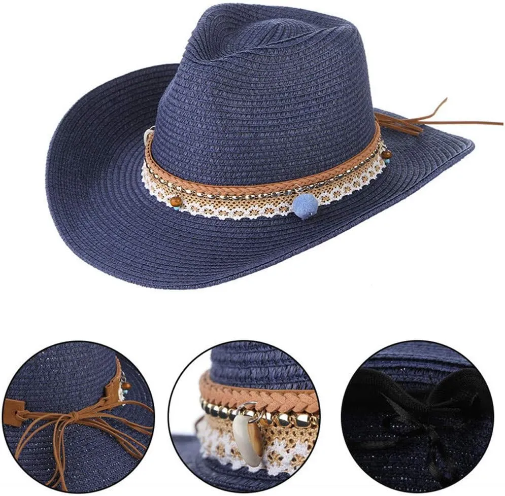 Straw Sun Hat Retro Western Cowboy Caps Wide Riding Hats Men Women Leather Brim Hat Garden Outdoor Caps