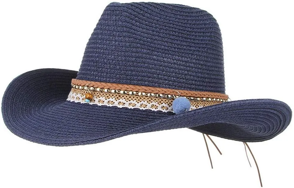 Straw Sun Hat Retro Western Cowboy Caps Wide Riding Hats Men Women Leather Brim Hat Garden Outdoor Caps