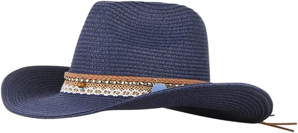Straw Sun Hat Retro Western Cowboy Caps Wide Riding Hats Men Women Leather Brim Hat Garden Outdoor Caps