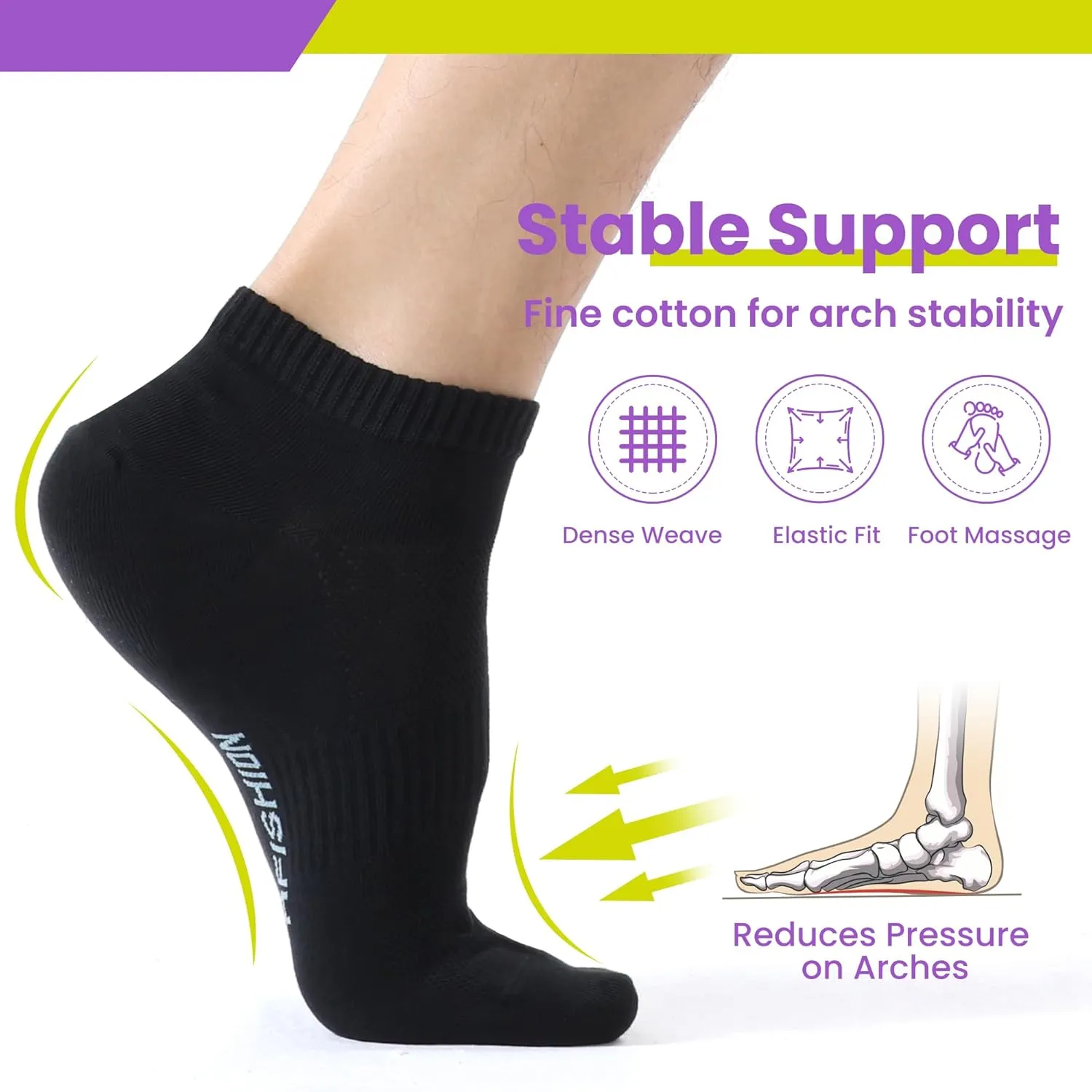 Unisex 10 Pairs Black Crew Length Anti Odour Low Cut No Show Running Socks