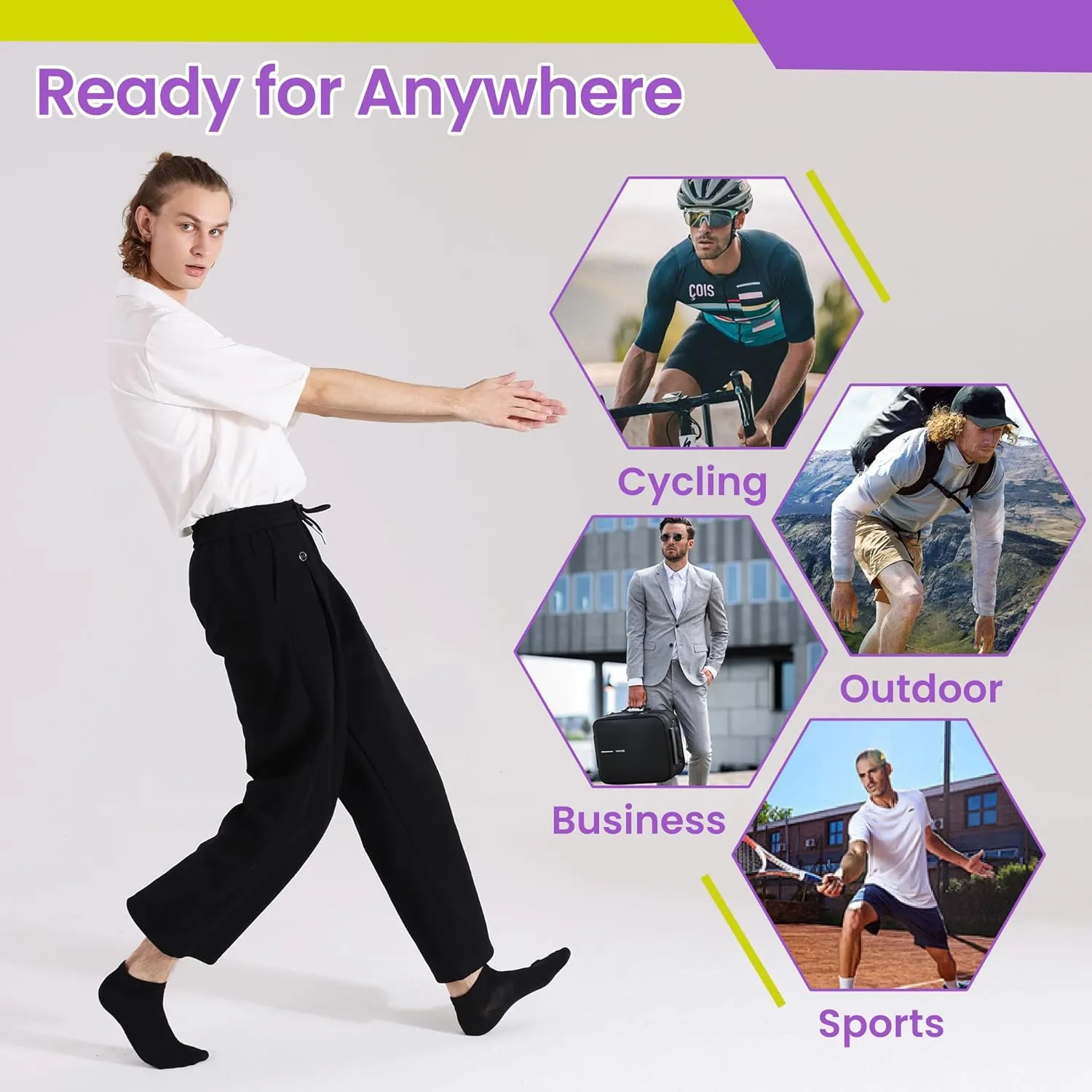 Unisex 10 Pairs Black Crew Length Anti Odour Low Cut No Show Running Socks