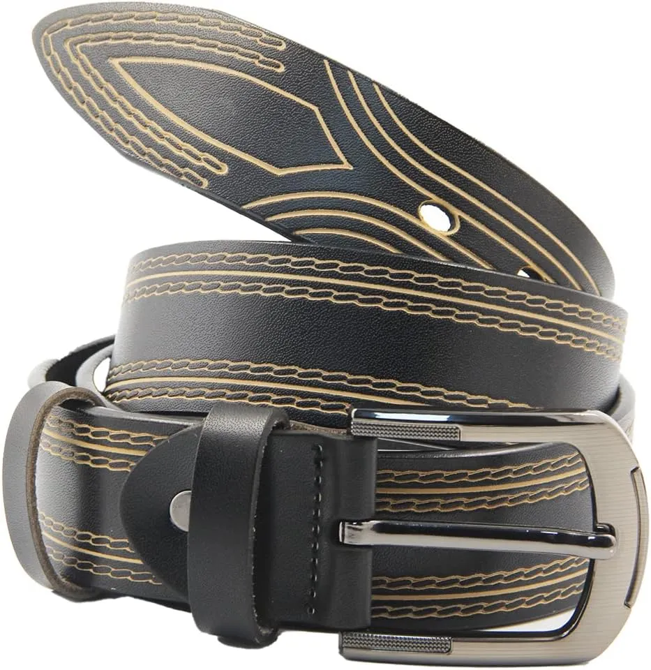 URAMAN Men's Belts Casual Jeans Belt Stripe Pattern Designer Belts Genuine Leather Brown Business for Jeans Fashion