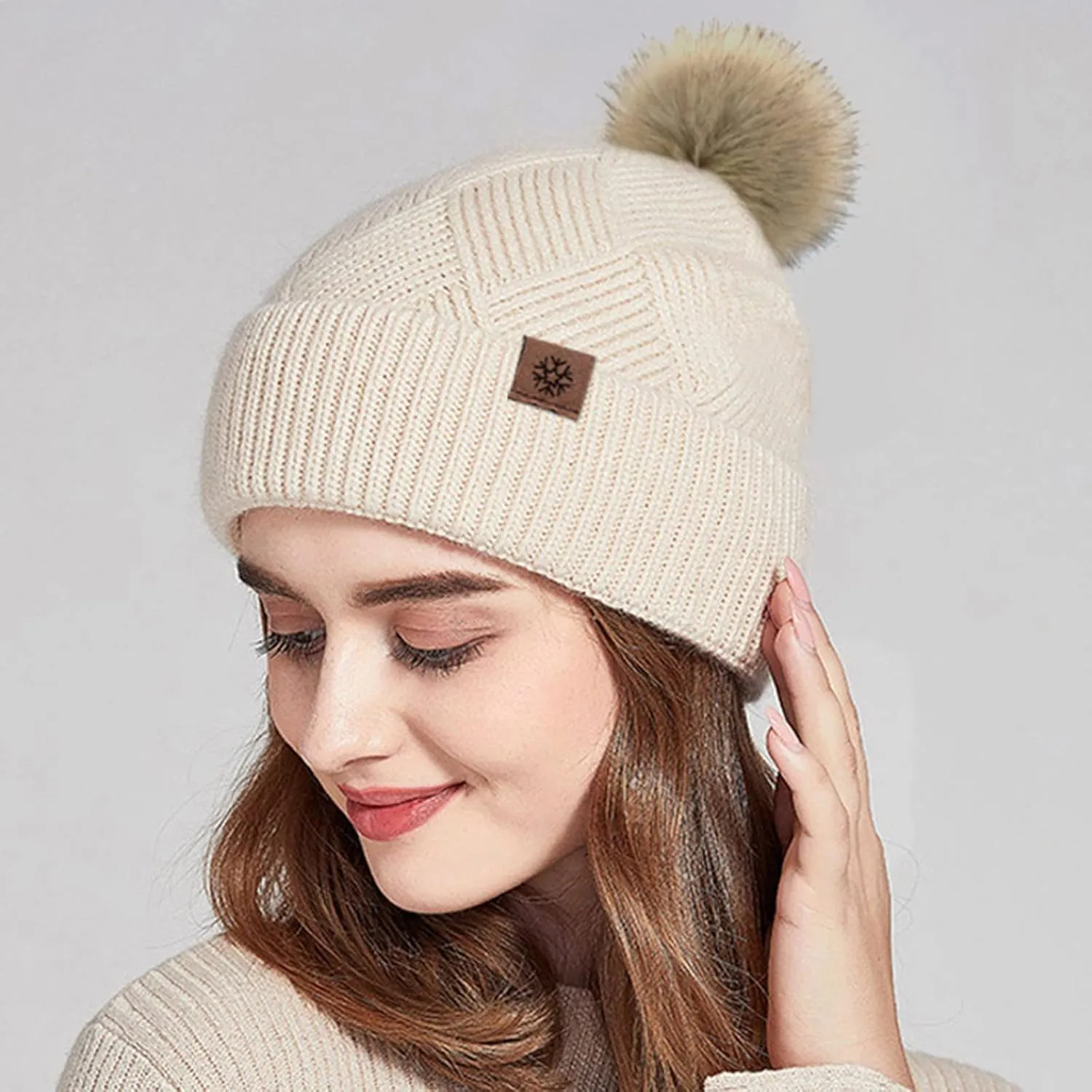 Winter Beanie Hat for Women Warm Ear Knit Hat Outdoor Cute Pom Cover Ears Cap