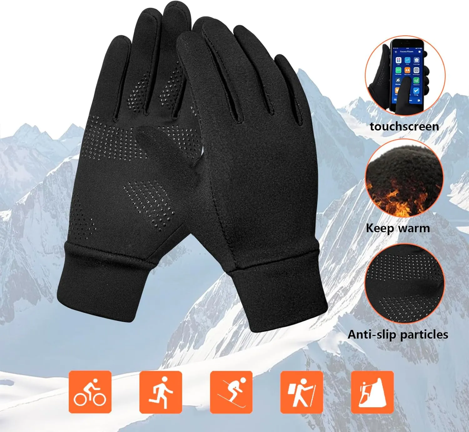 Winter Running Gloves for Men Women Cold Weather Liner Thermal Warm Gloves Black Touchscreen Thin Winter Gloves for Ski Snow Cycling Biking Driving Walking Typing