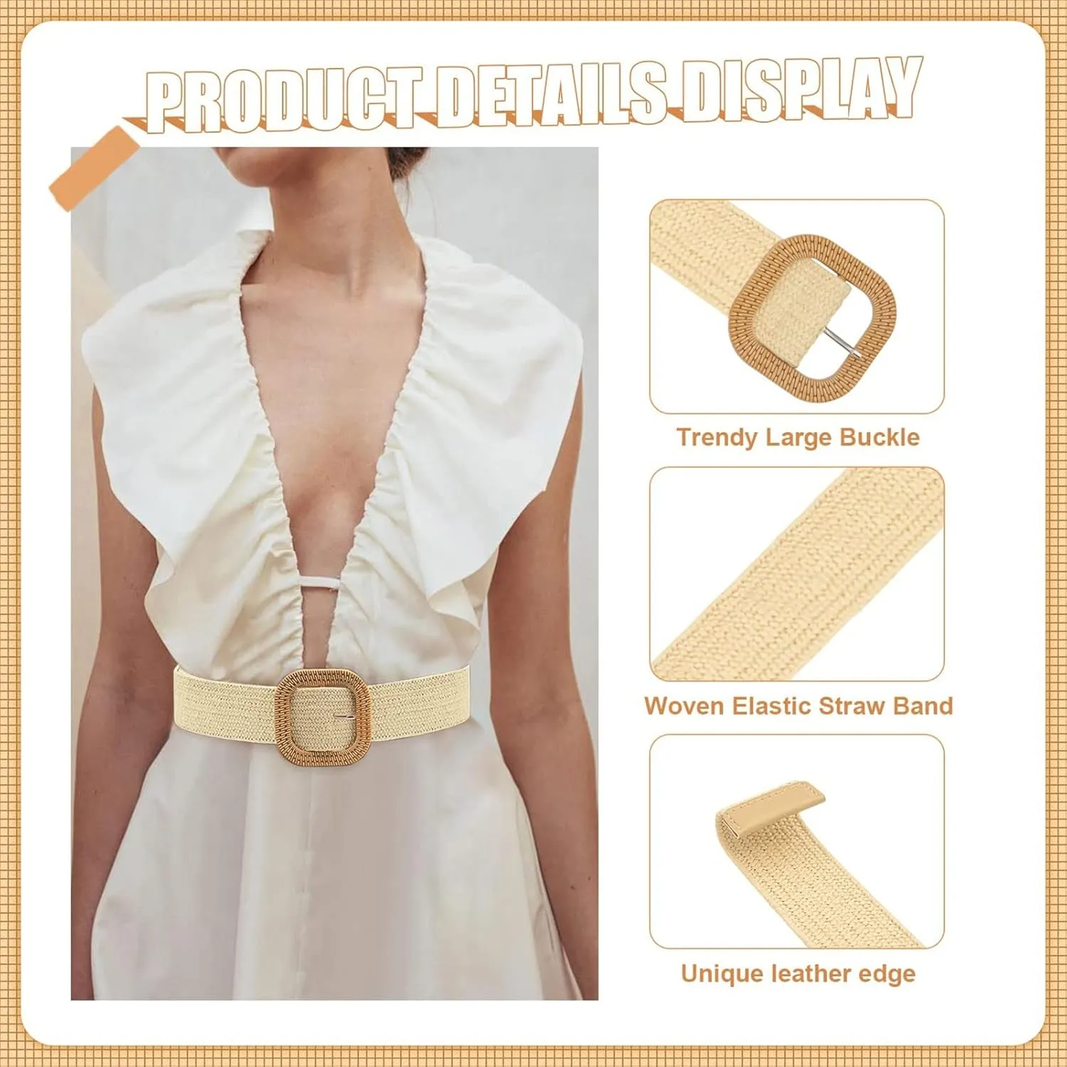 Women Belt Straw Woven Elastic Stretch Wide Waist Belts For Dresses With Buckle Sanding Belts 6x89