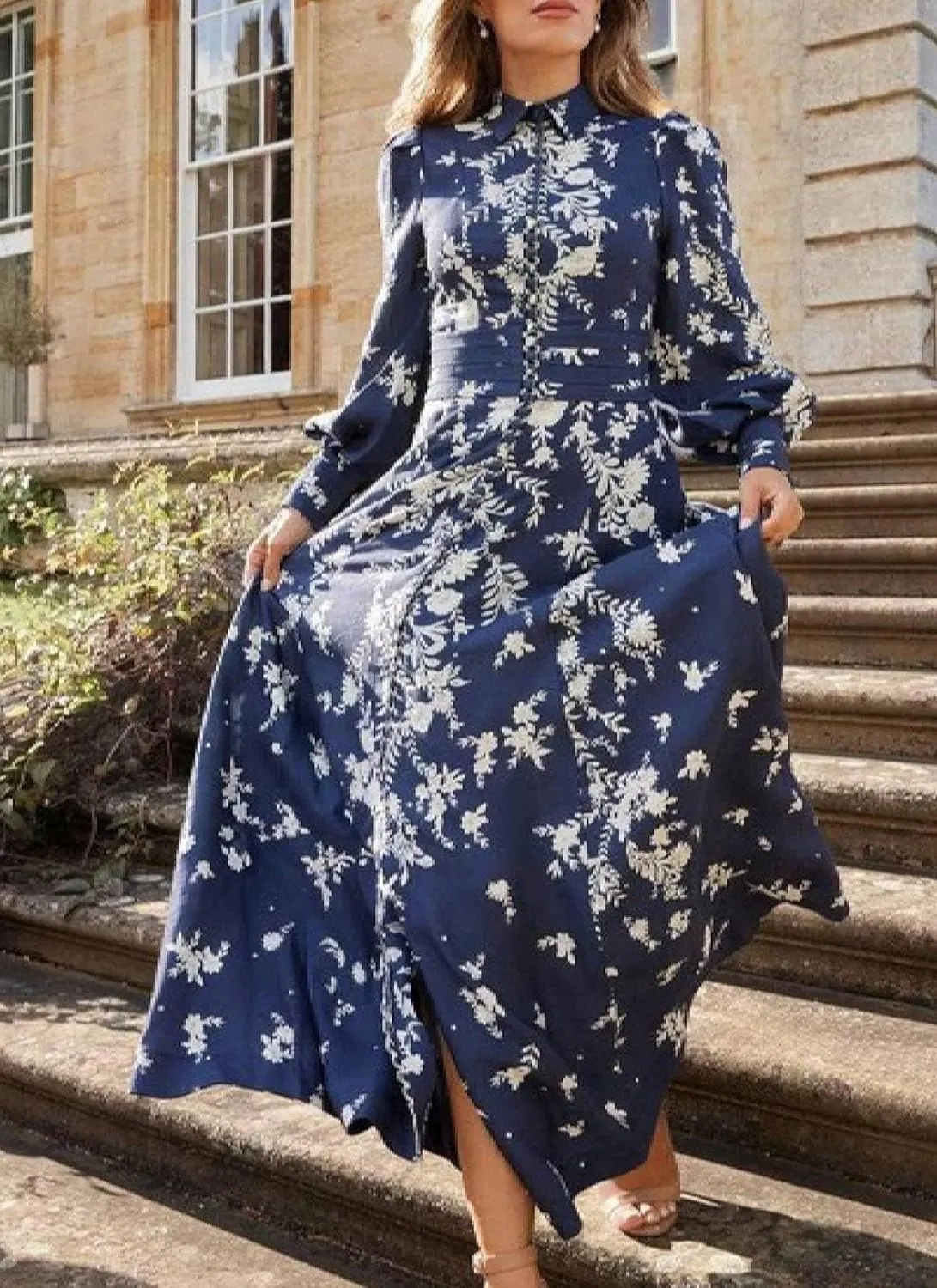 Women Casual Long Sleeve Spring Dresses Classy 2025 Crewneck Flowy Dress Breezy Blue Print Cocktail Party Midi Dress