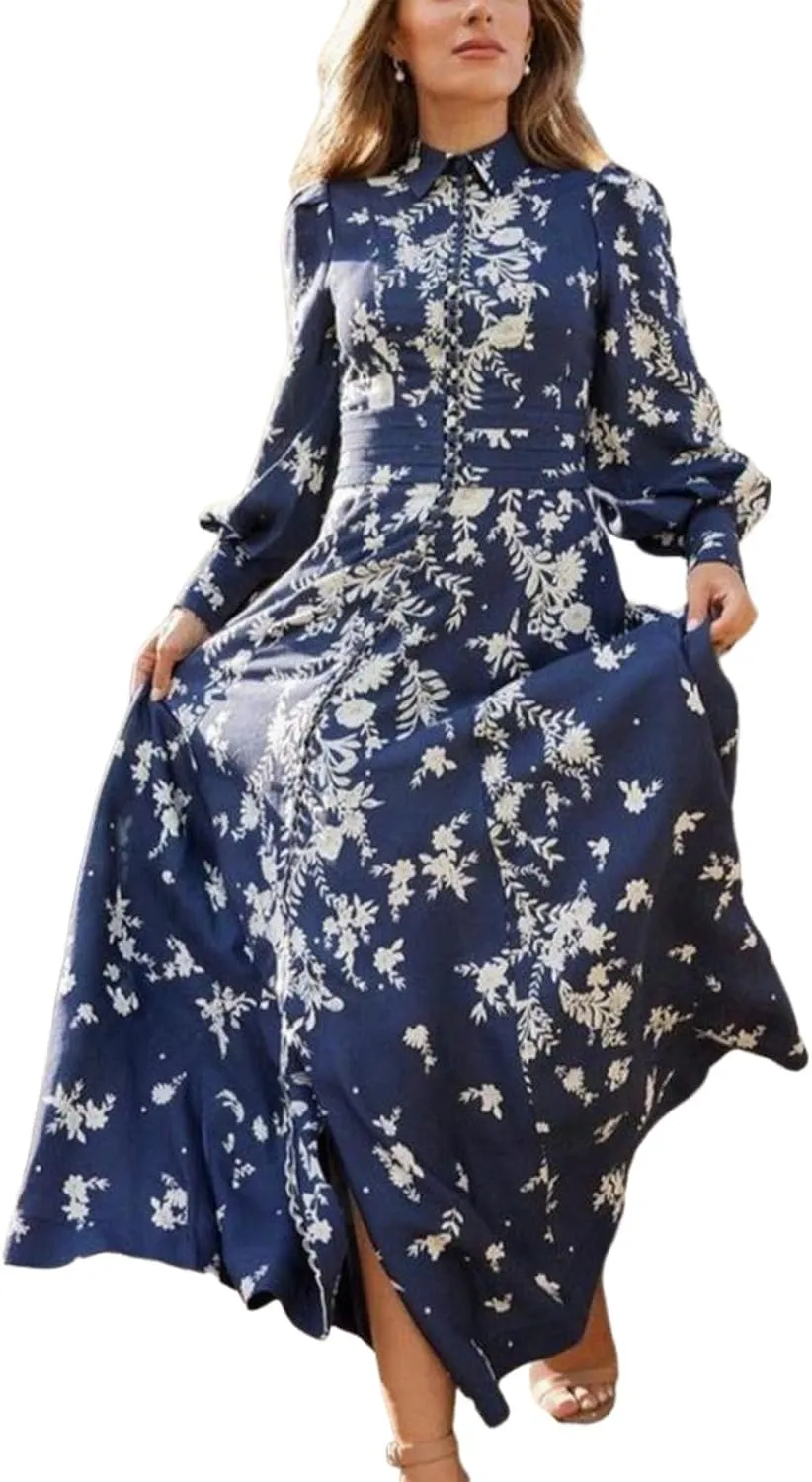 Women Casual Long Sleeve Spring Dresses Classy 2025 Crewneck Flowy Dress Breezy Blue Print Cocktail Party Midi Dress