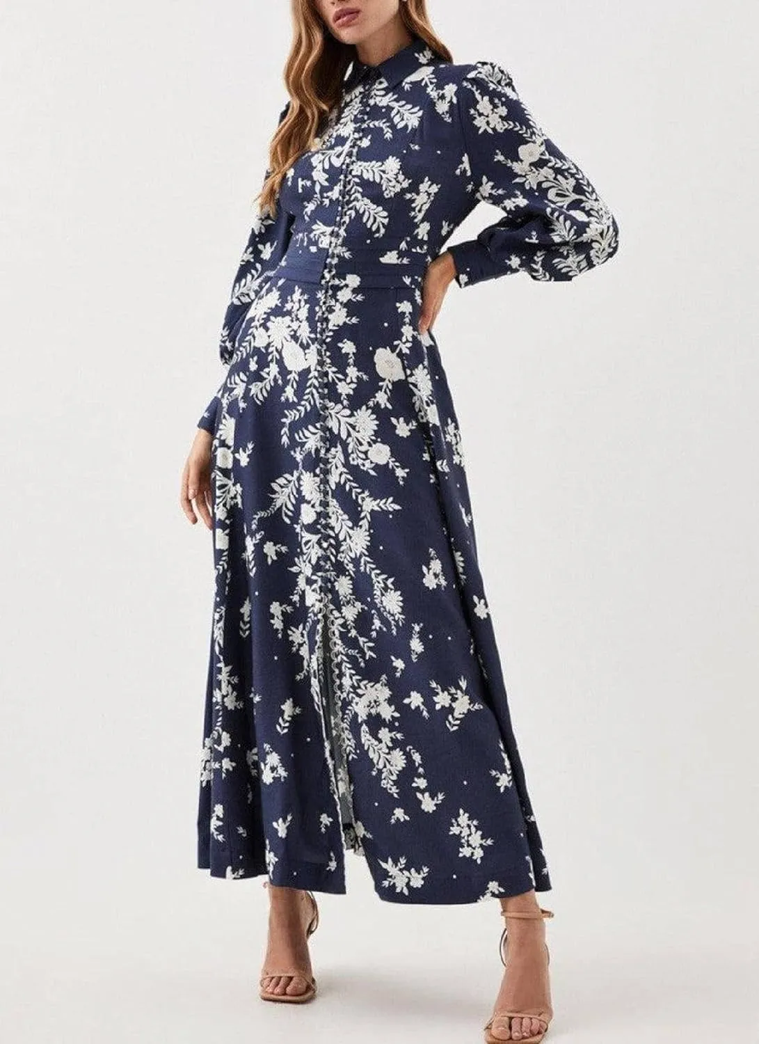 Women Casual Long Sleeve Spring Dresses Classy 2025 Crewneck Flowy Dress Breezy Blue Print Cocktail Party Midi Dress