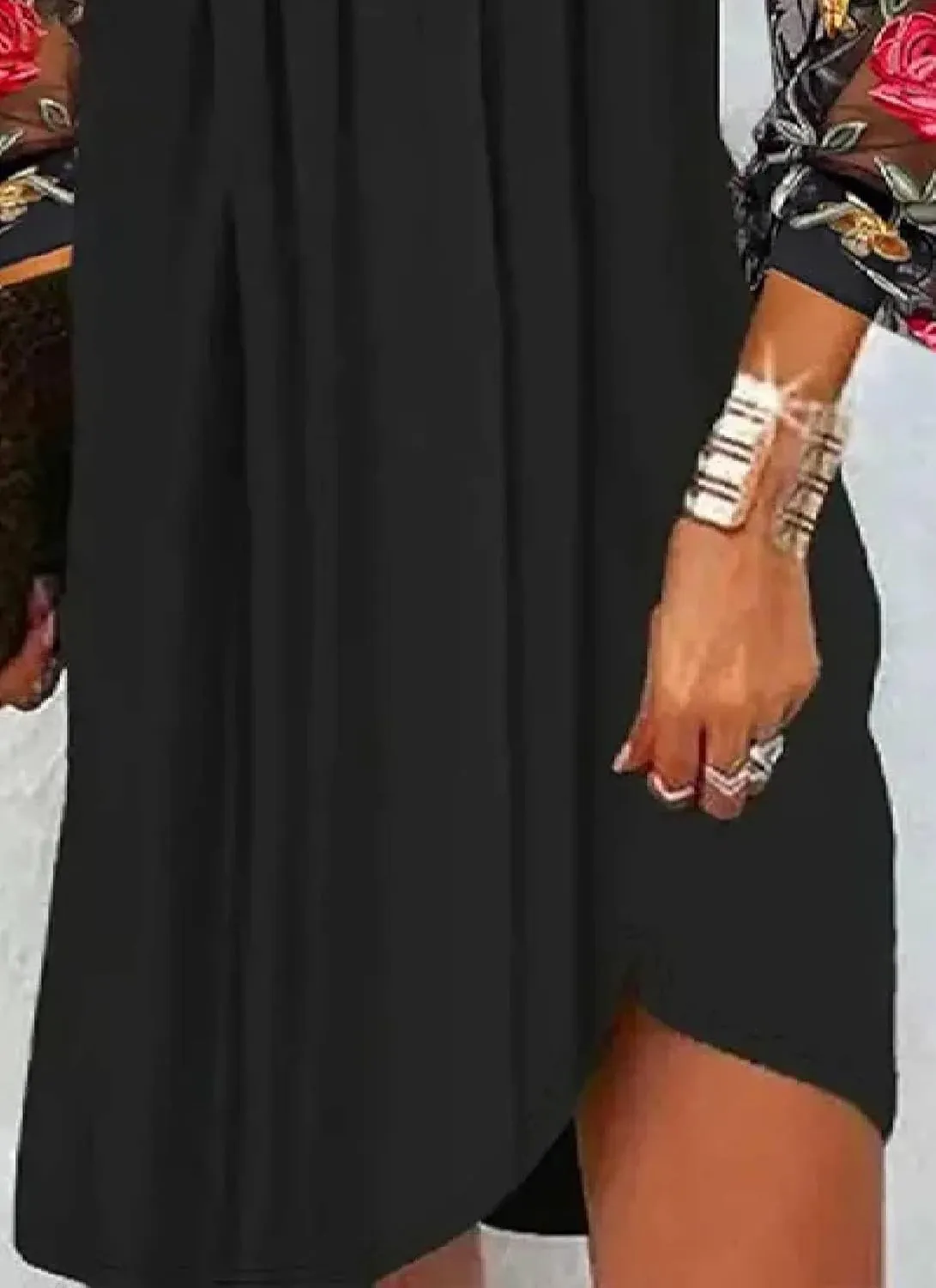 Women's Breezy Pleated Plain Mini Dress 3/4 Sheer Floral Sleeve V-Neck Dresses Versatile Shift Dress Summer Wear
