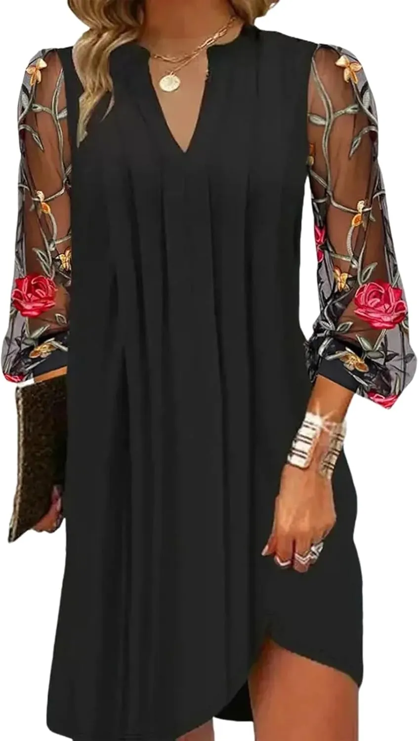 Women's Breezy Pleated Plain Mini Dress 3/4 Sheer Floral Sleeve V-Neck Dresses Versatile Shift Dress Summer Wear